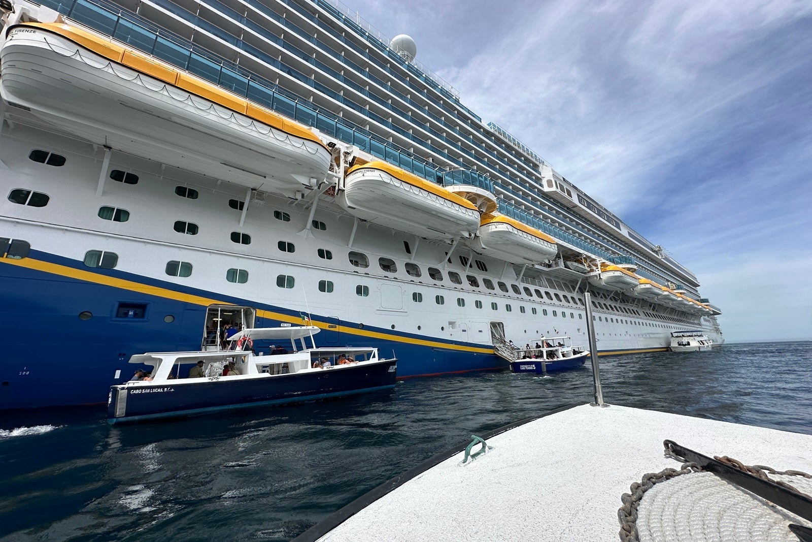 The view from the front of a cruise ship tender boat returning to the ship
