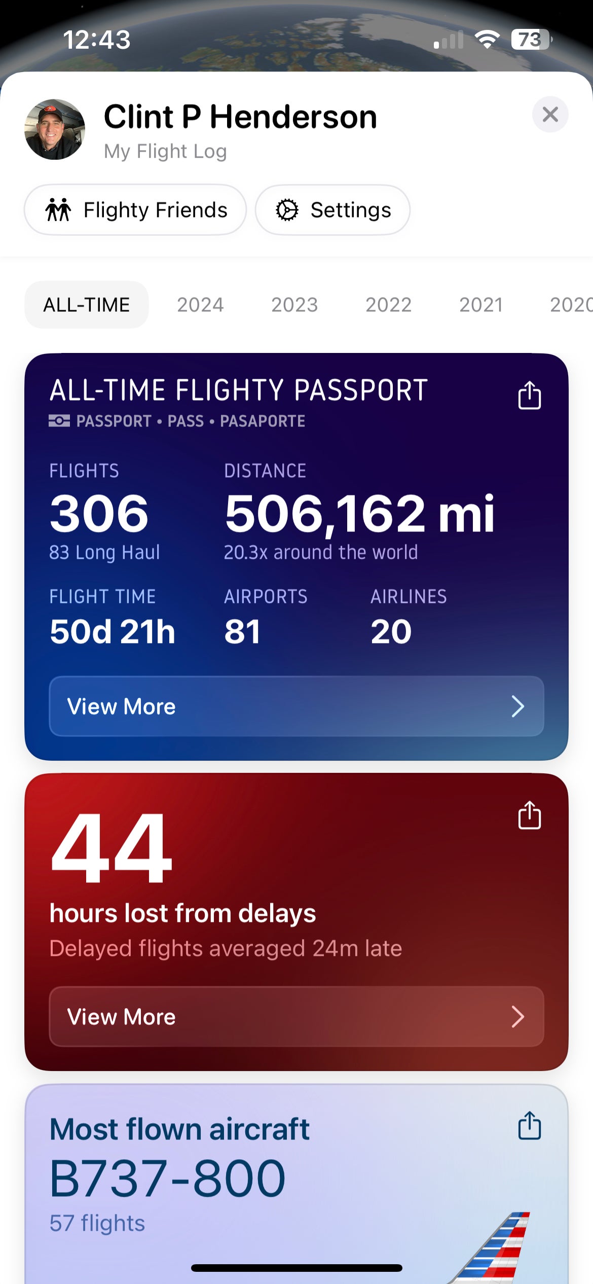 Clint Henderson's lifetime flight log on Flighty.