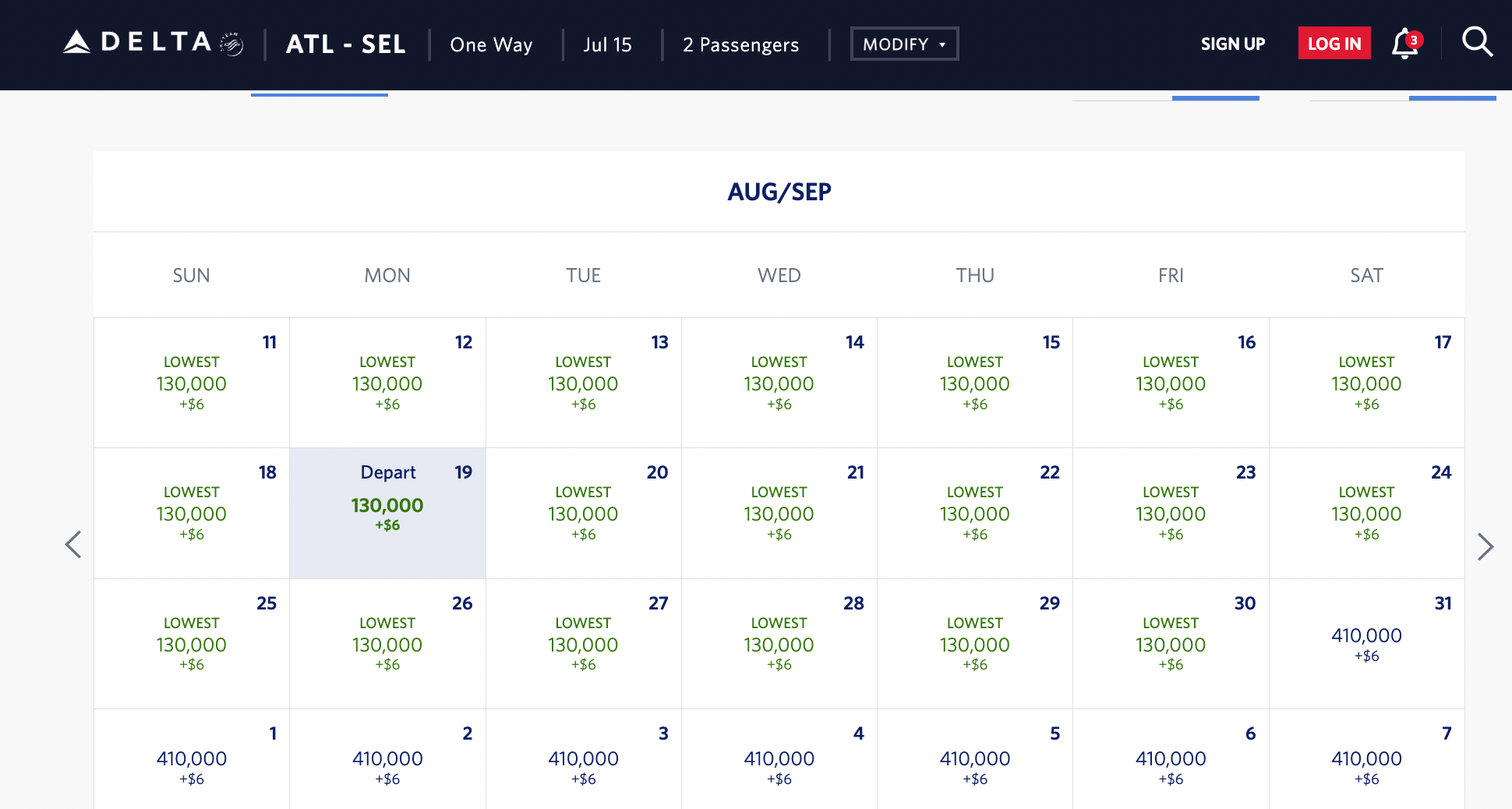 screenshot of Delta award flight calendar ATL to SEL August