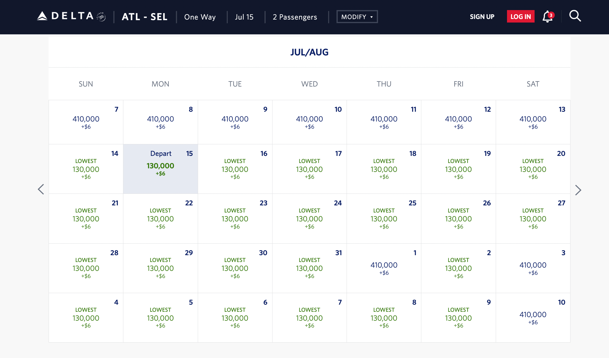 screenshot of Delta award flight calendar ATL to SEL August