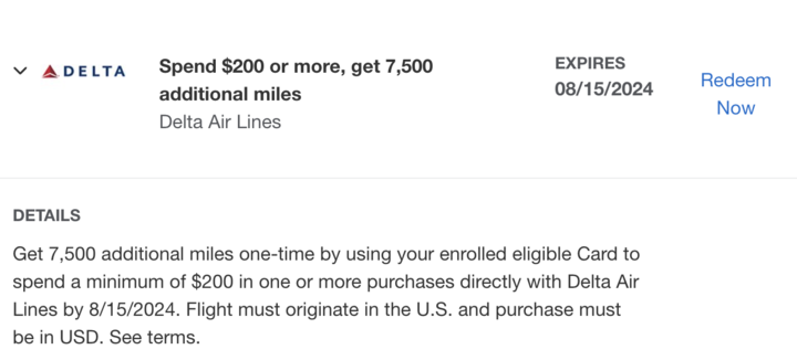 Screenshot of Delta Amex Platinum target offer