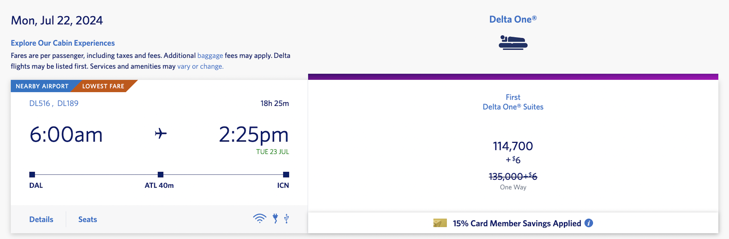 screenshot of Delta award flight DAL to ICN with 15% cardmember discount