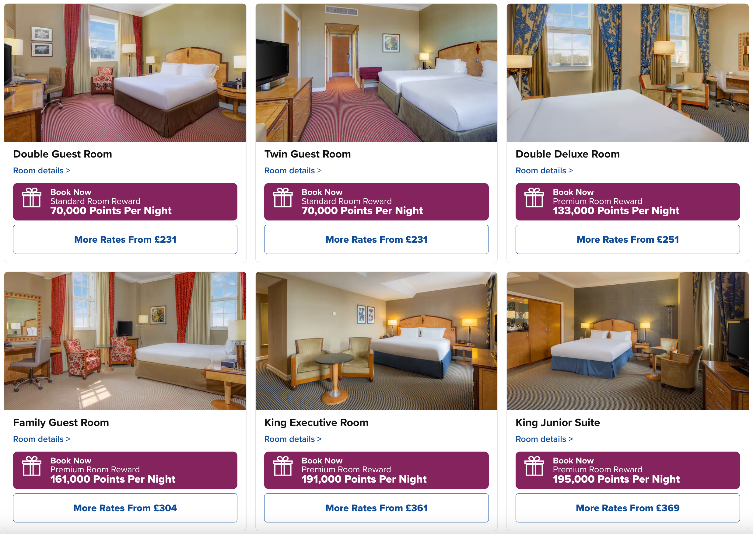 screenshot of various standard and premium rooms with award prices