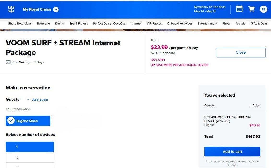 A screenshot of internet pricing for a Symphony of the Seas cruise
