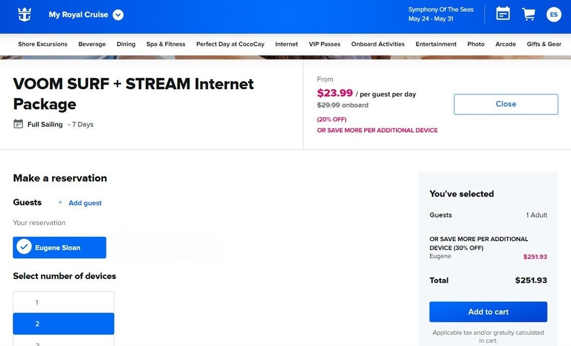 A screenshot of pricing for internet on Symphony of the Seas