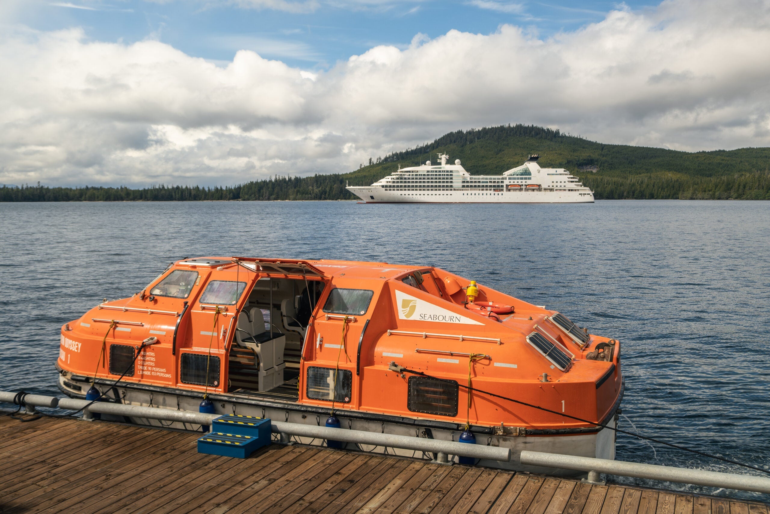 A tender from Seabourn Odyssey docked at Port Klawock