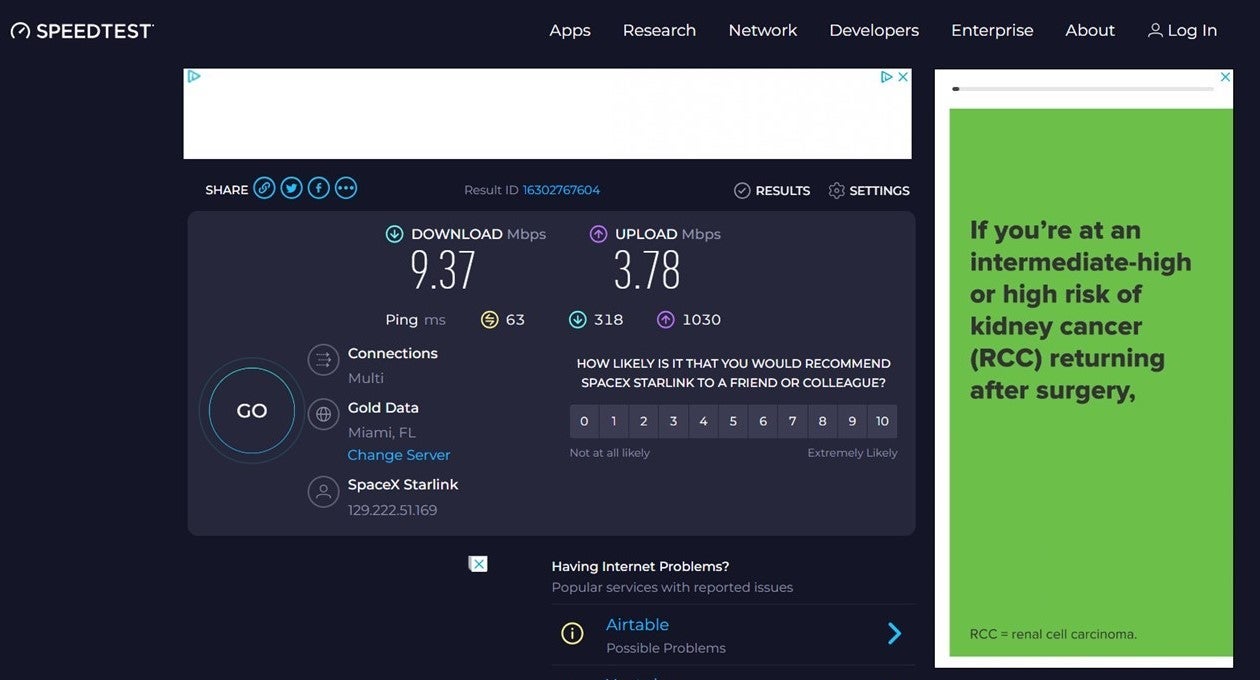 A screenshot of internet speeds on Symphony of the Seas
