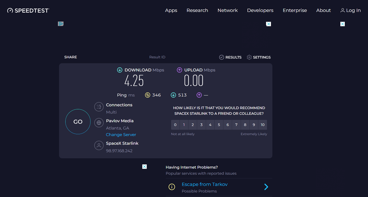 A screenshot of internet speeds on Symphony of the Seas