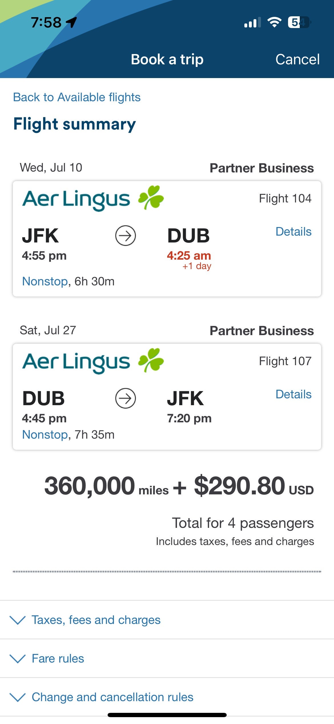 Price for four people to Dublin.