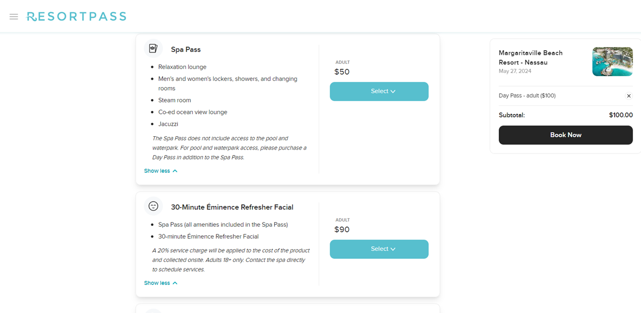 ResortPass spa options
