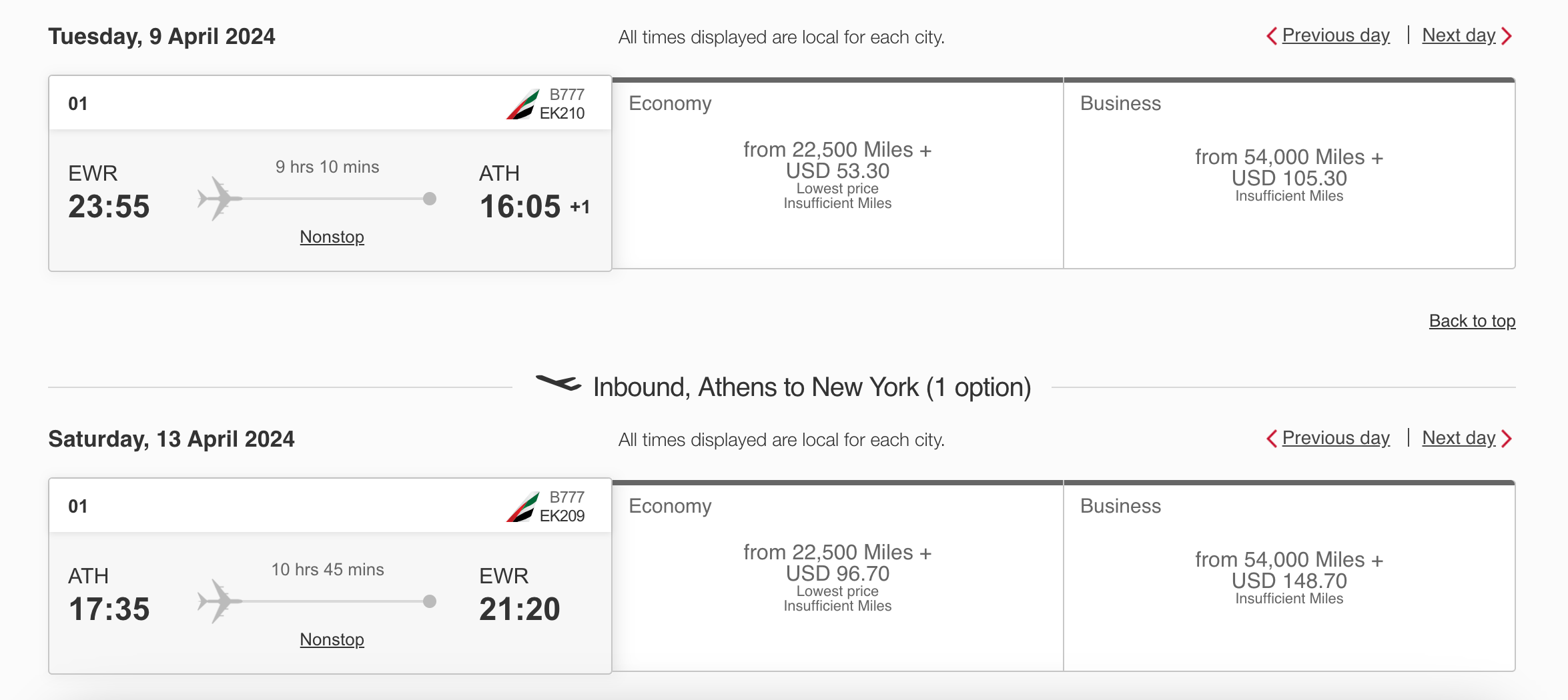 A screenshot of points and miles estimate to and from Newark Liberty International Airport to Athens