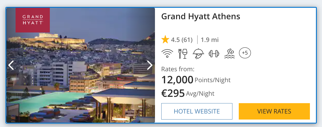 Screenshot of Grand Hyatt Athens monetary and points and miles estimate