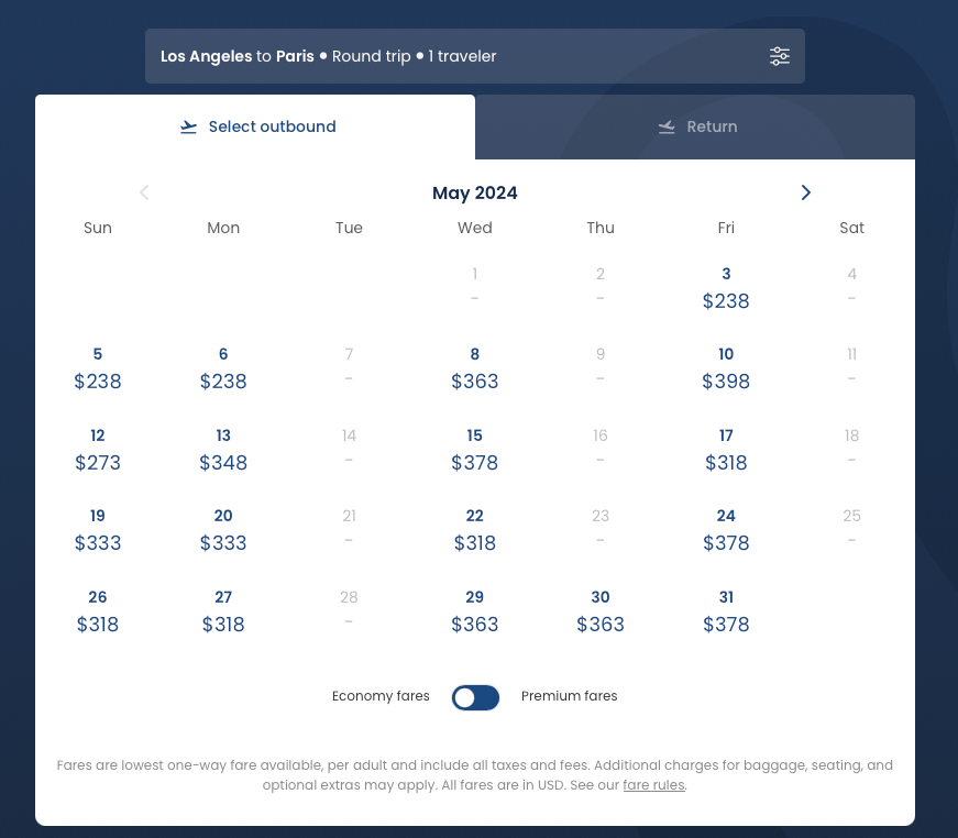screenshot of Norse flight calendar LAX-CDG May 2024