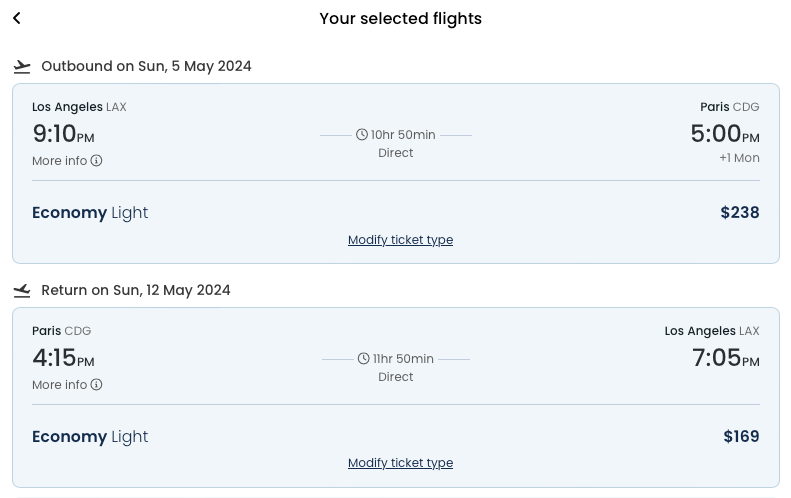 screenshot of Norse LAX-CDG May 2024