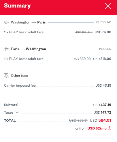 A screenshot of the fare for a roundtrip from Washington, D.C. to Paris