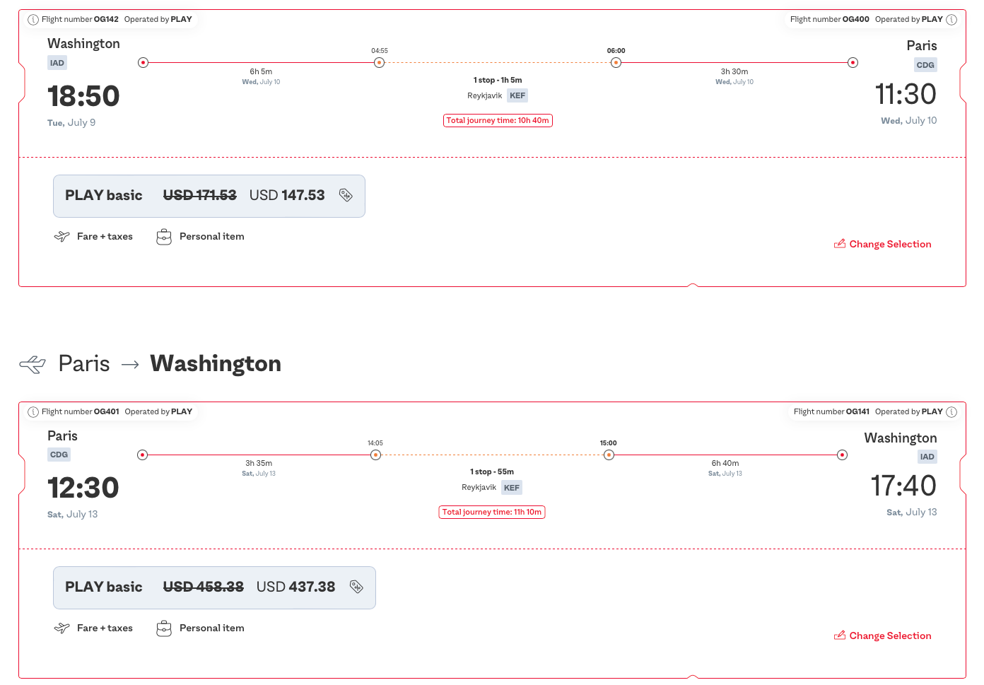 A screenshot of the roundtrip fare for flights to Paris from Washington, D.C. 