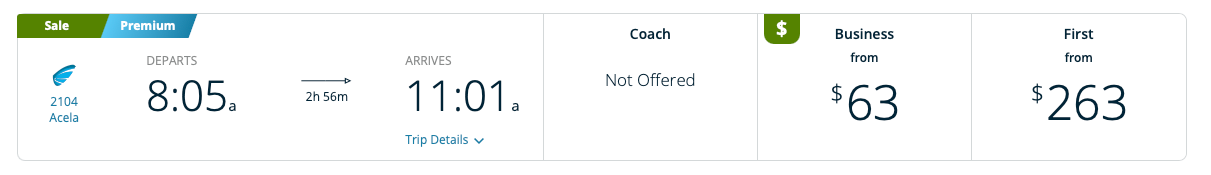 screenshot of Amtrak sale train DC-NYC