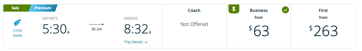 screenshot of Amtrak sale train DC-NYC