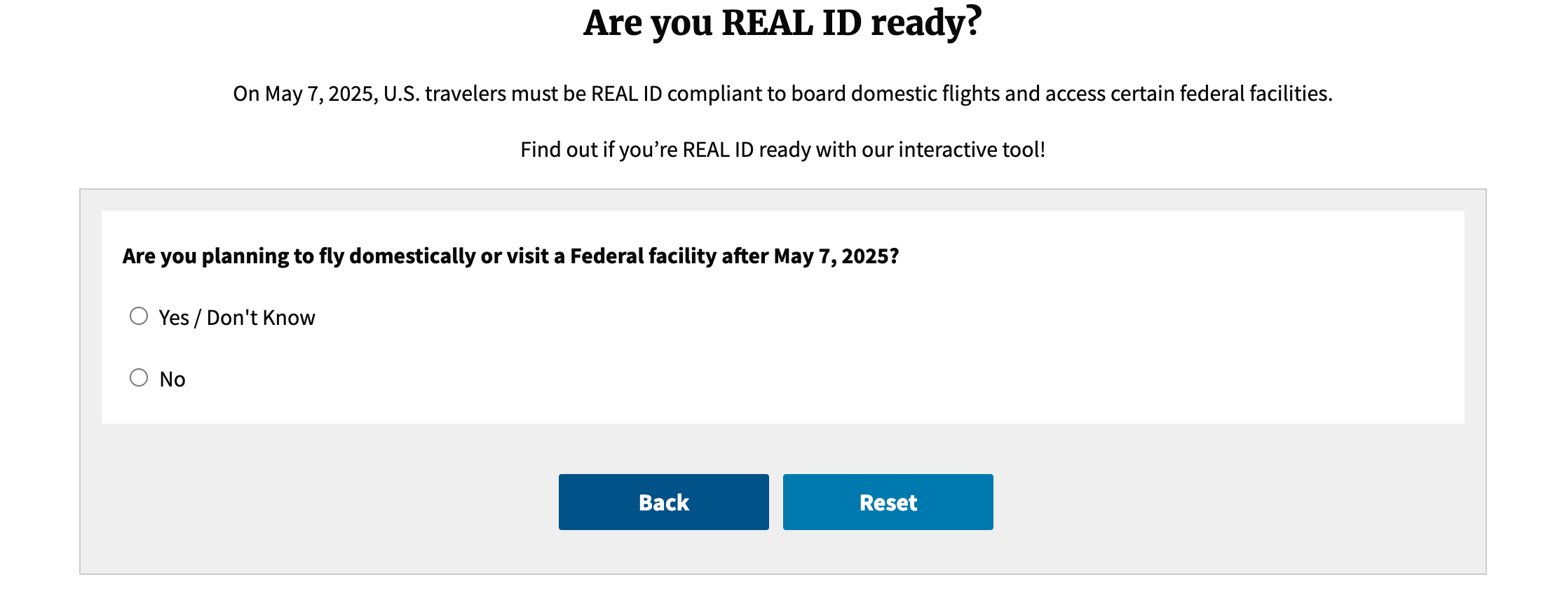 screenshot of DHS Real ID checker tool