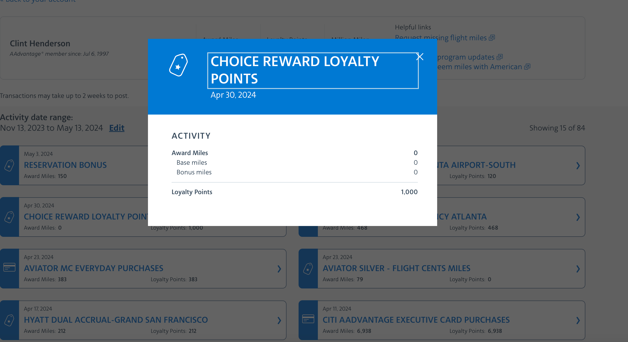 Loyalty Points activity. AMERICAN AIRLINES