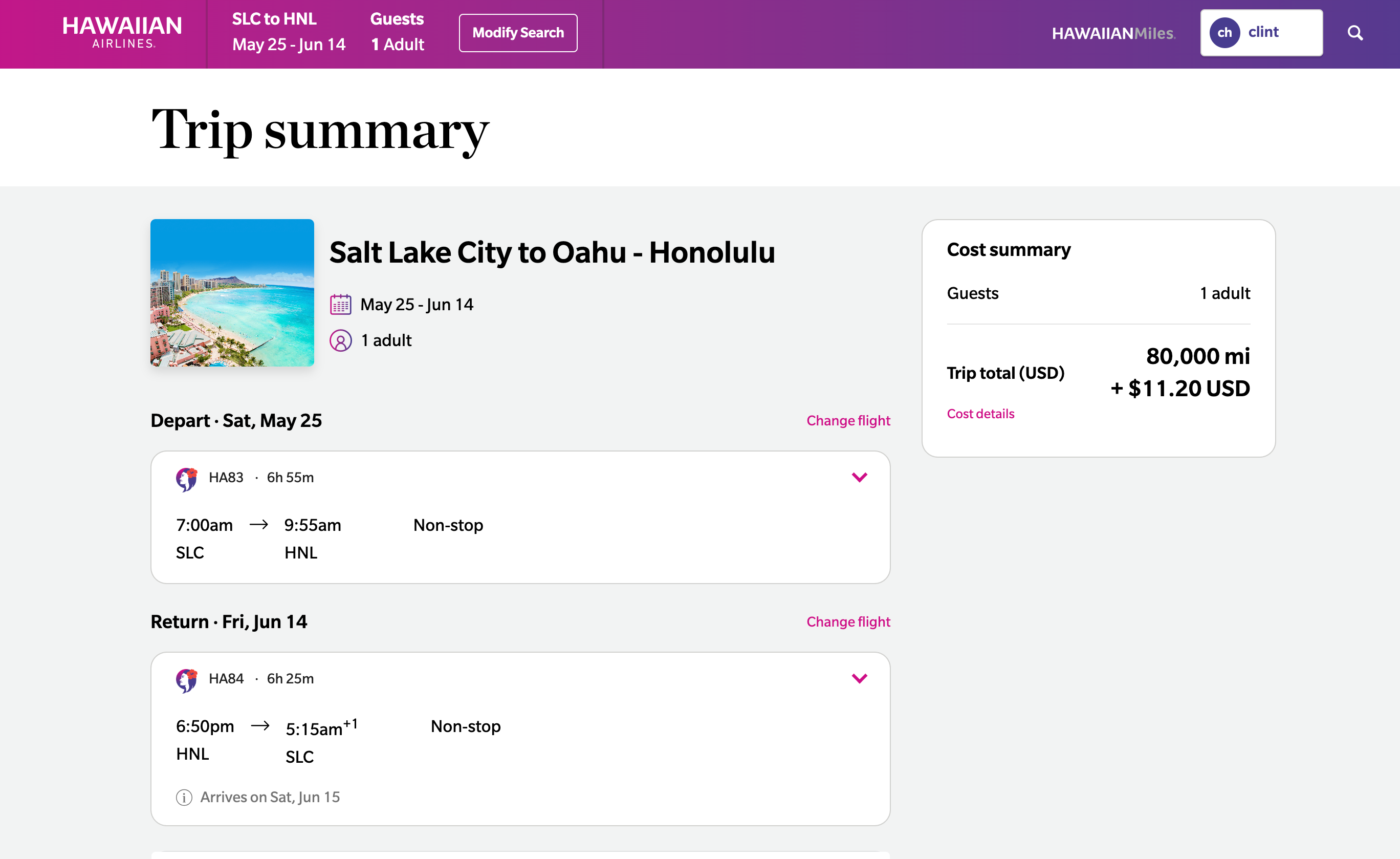 Screenshot of Hawaiian Airlines mileage deal, SLC to HNL