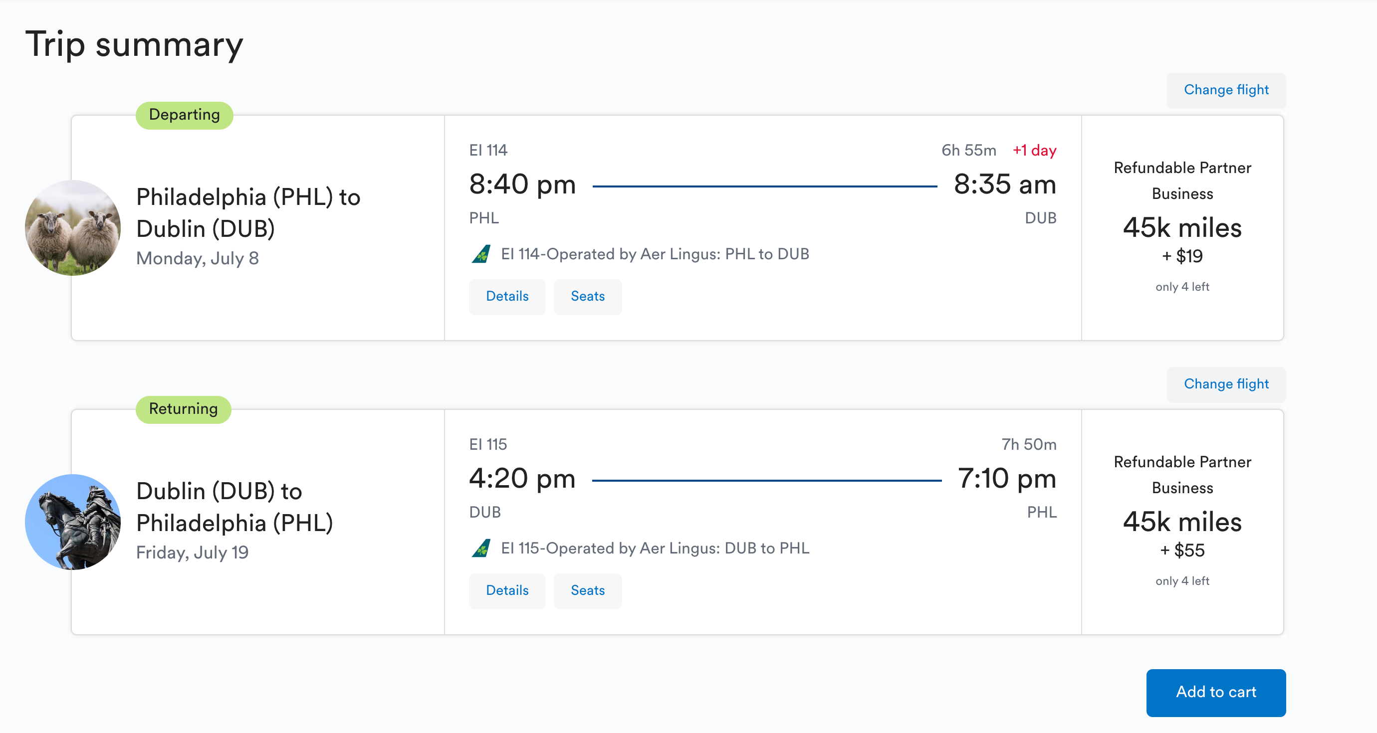 Flights to and from Philadelphia for 45,000 Alaska miles each way.