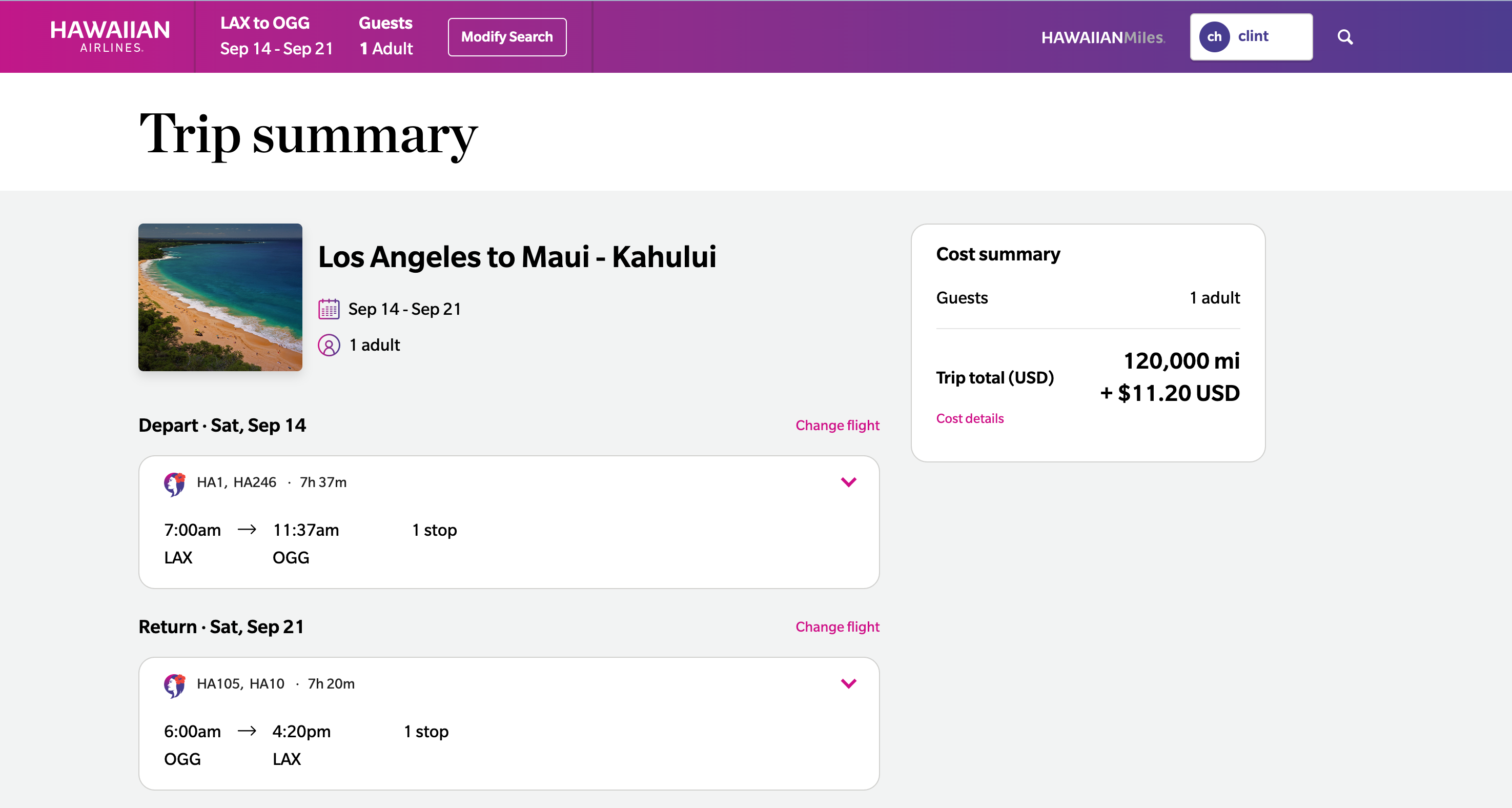Screenshot of Hawaiian Airlines mileage deal, LAX to OGG