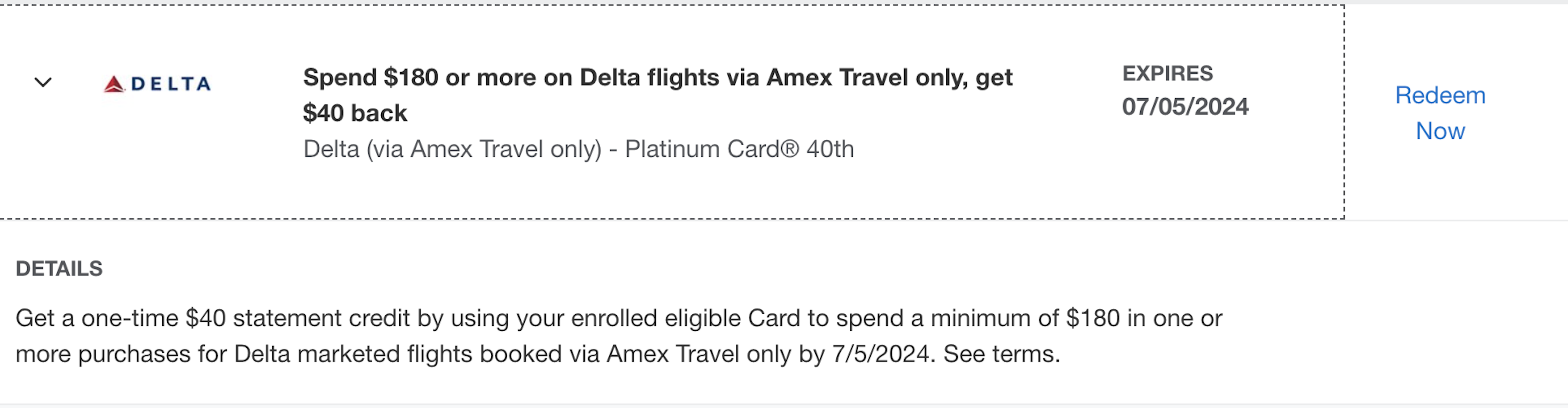 Screenshot of Amex Platinum Delta offer