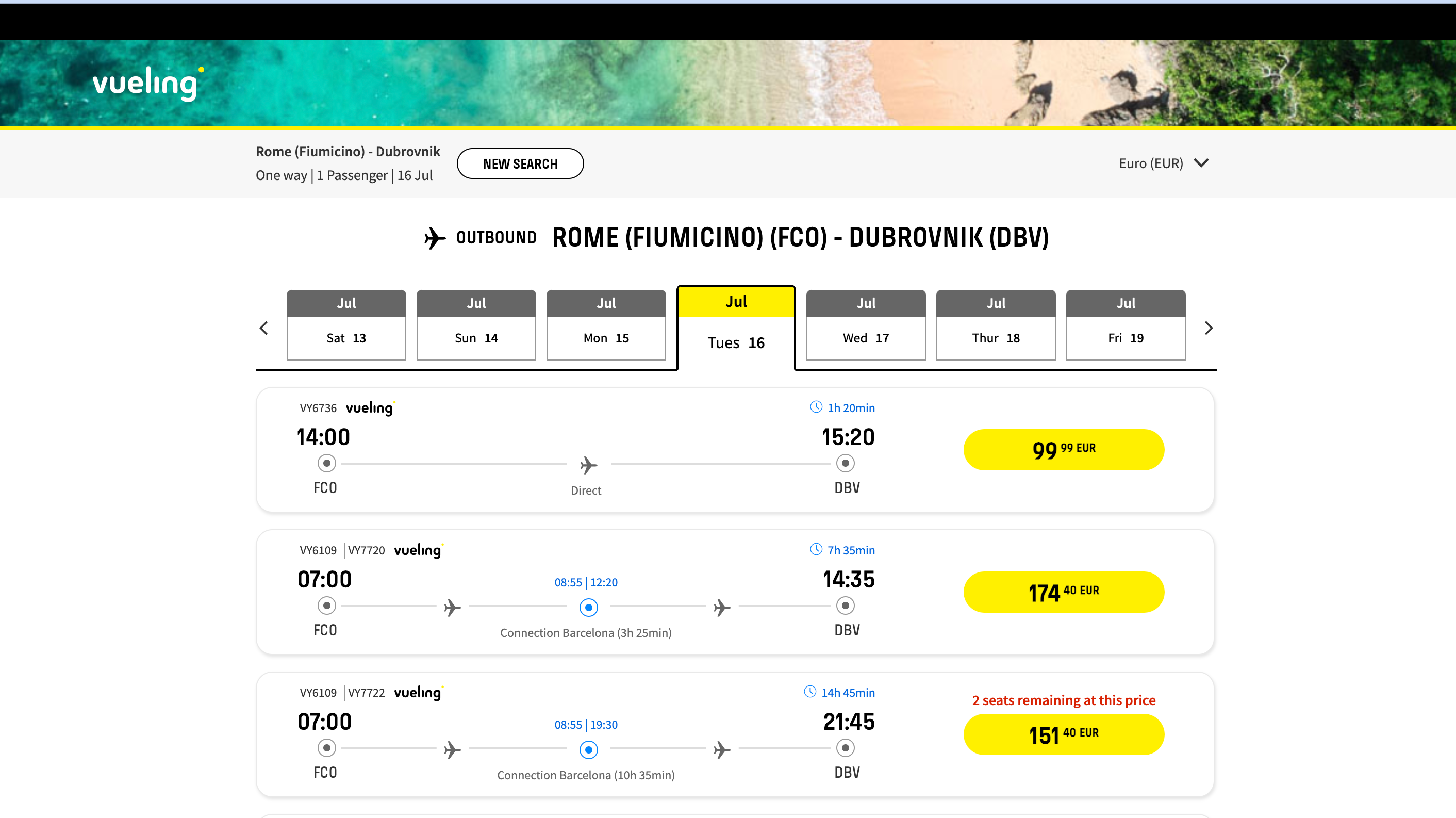 Prices for a one-way flight. VUELING