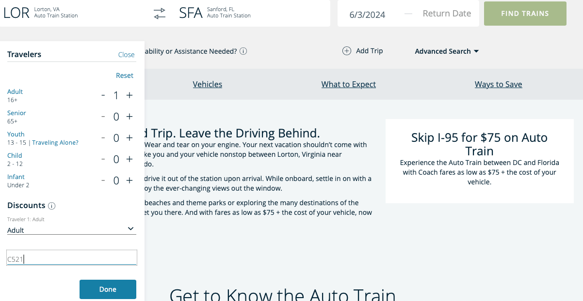 screenshot of Amtrak Auto Train sale