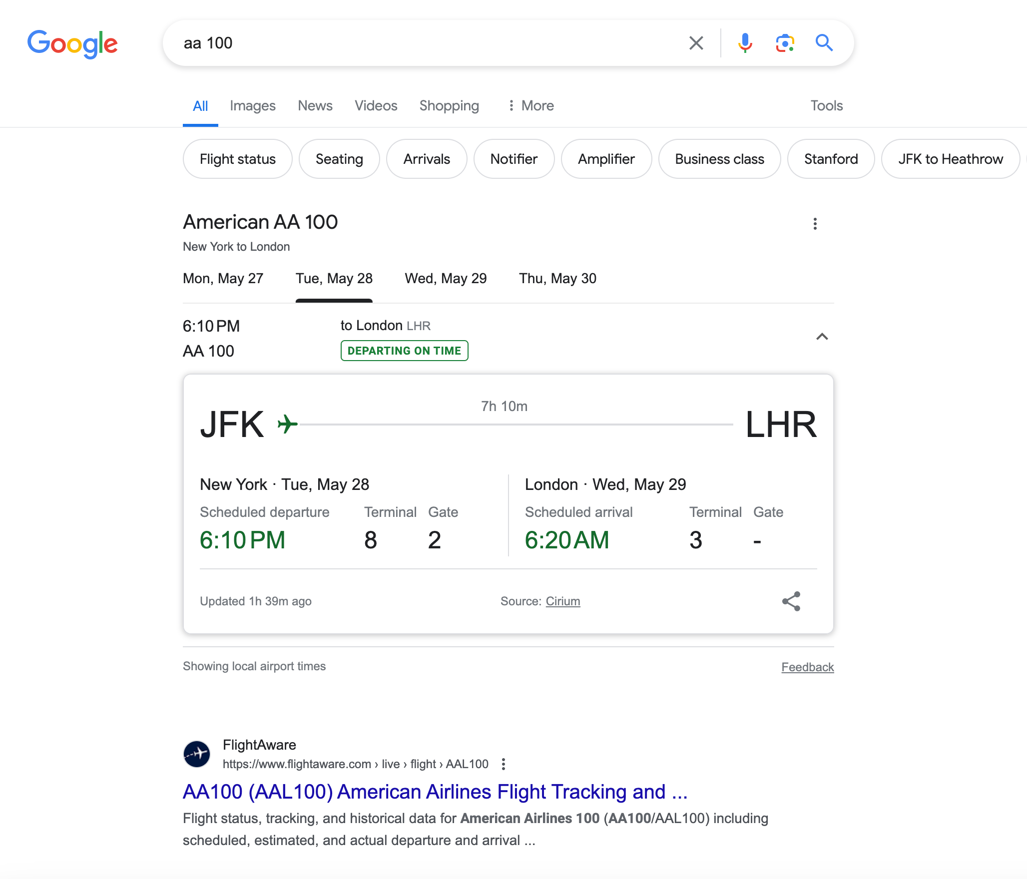 Flight data after entering airline and flight number into Google.