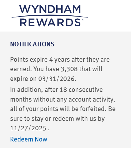 Wyndham points expiration warning
