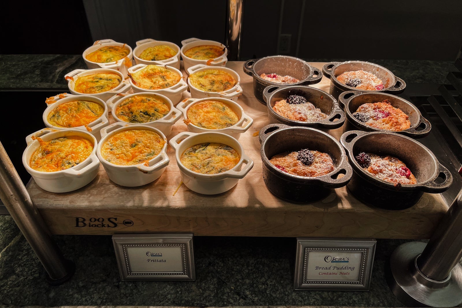 Mini frittatas and bread pudding on the breakfast buffet at Oscar's - Waldorf Astoria Orlando