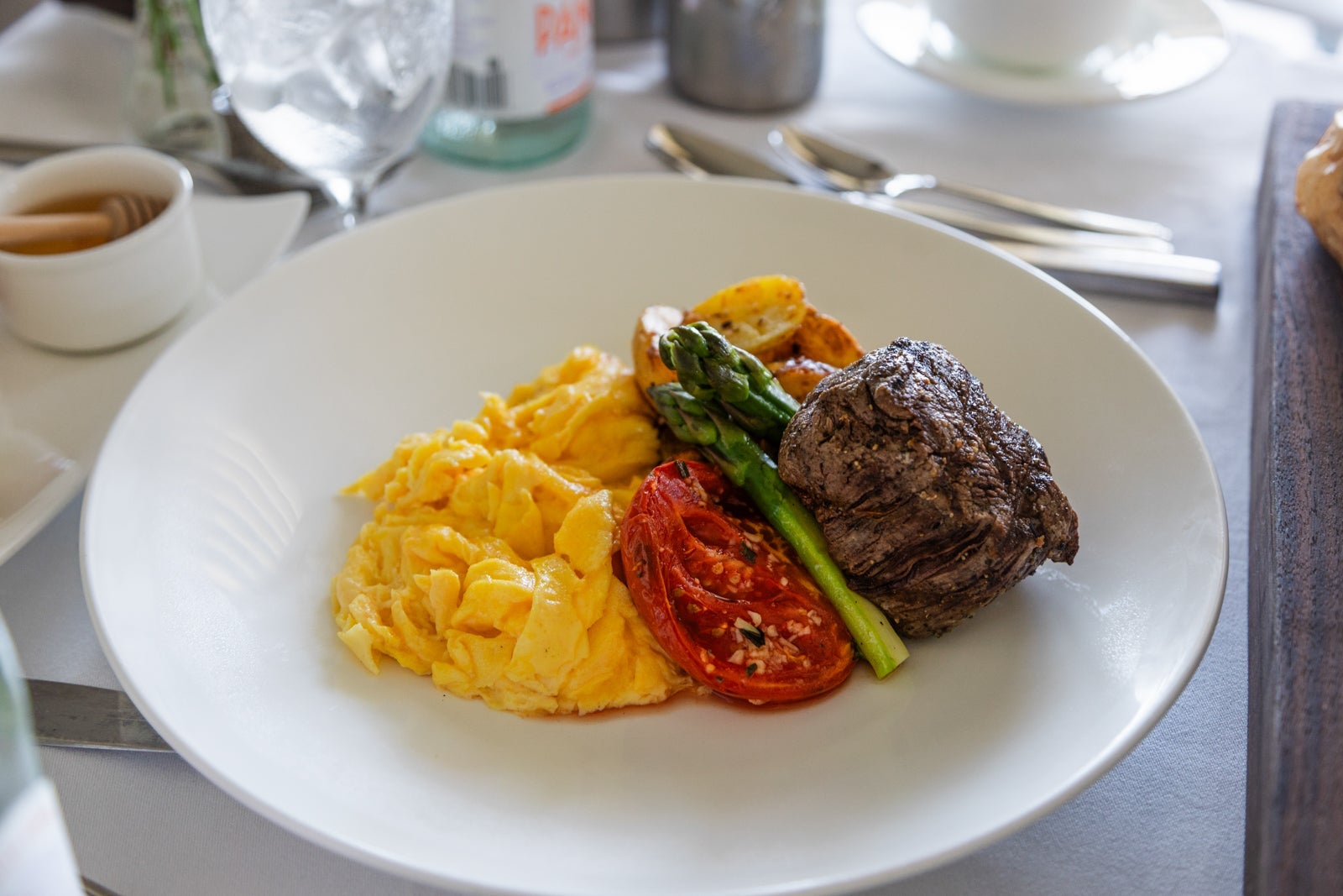 steak and eggs via in-room dining at Waldorf Astoria Orlando