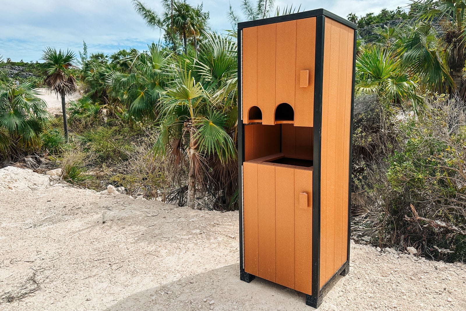 An empty water station on a nature trail