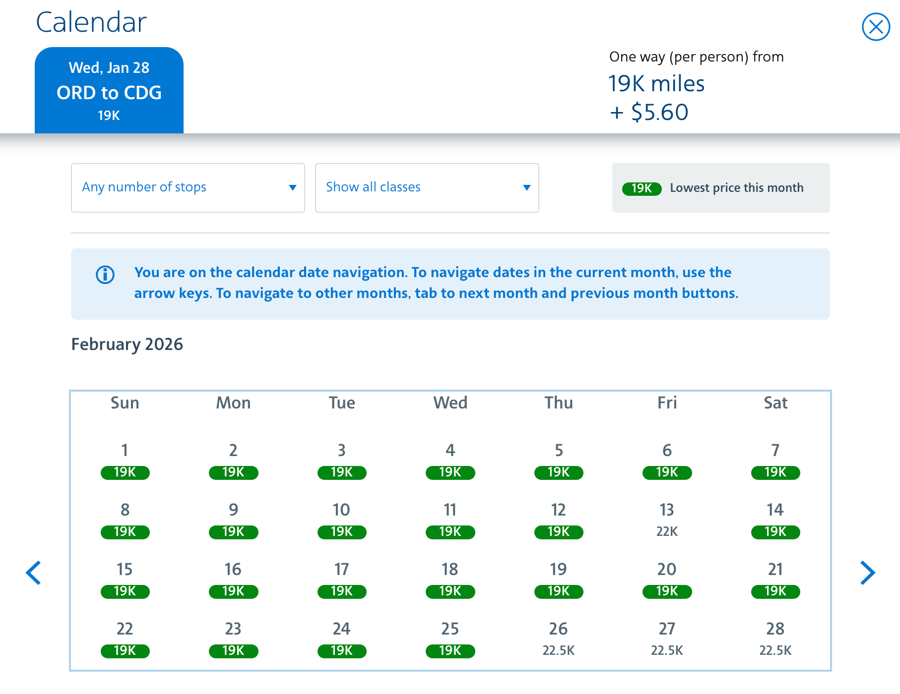 Redeem American Airlines AAdvantage miles for maximum value AA ORD-CDG points calendar Jan 2026
