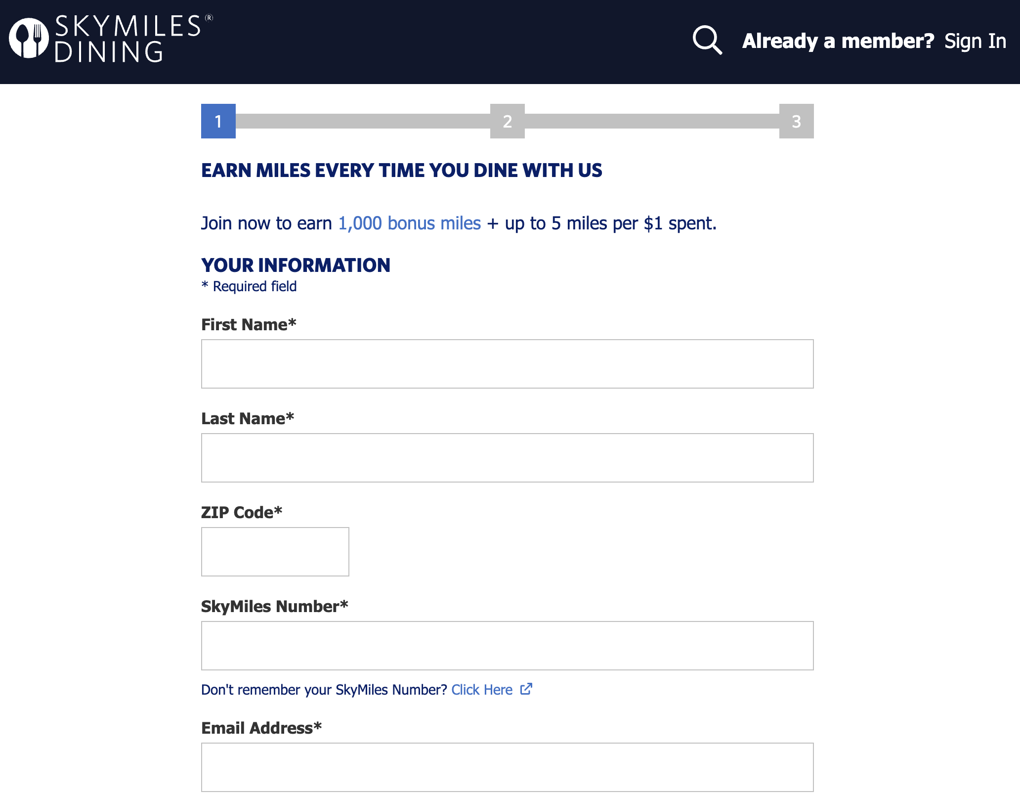 screenshot: join SkyMiles Dining