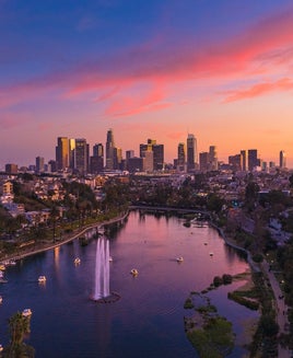 Downtown Los Angeles under a dramatic pink sunset.
