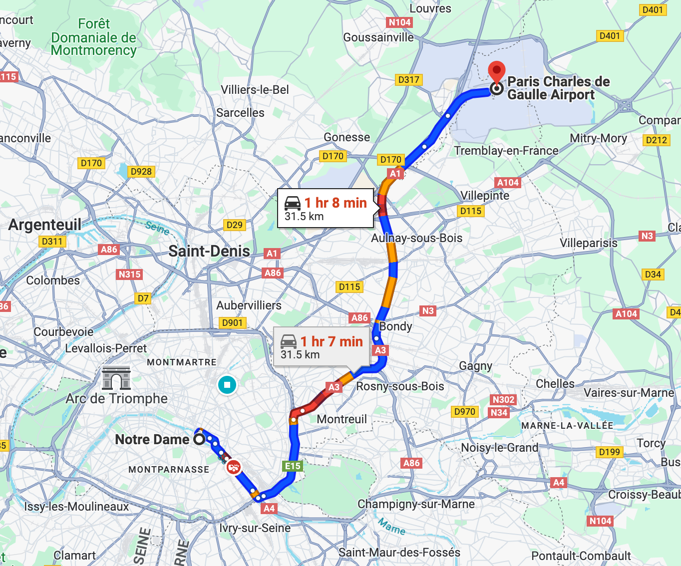 Screenshot of Google Maps route from Charles de Gaulle Airport to Paris city center