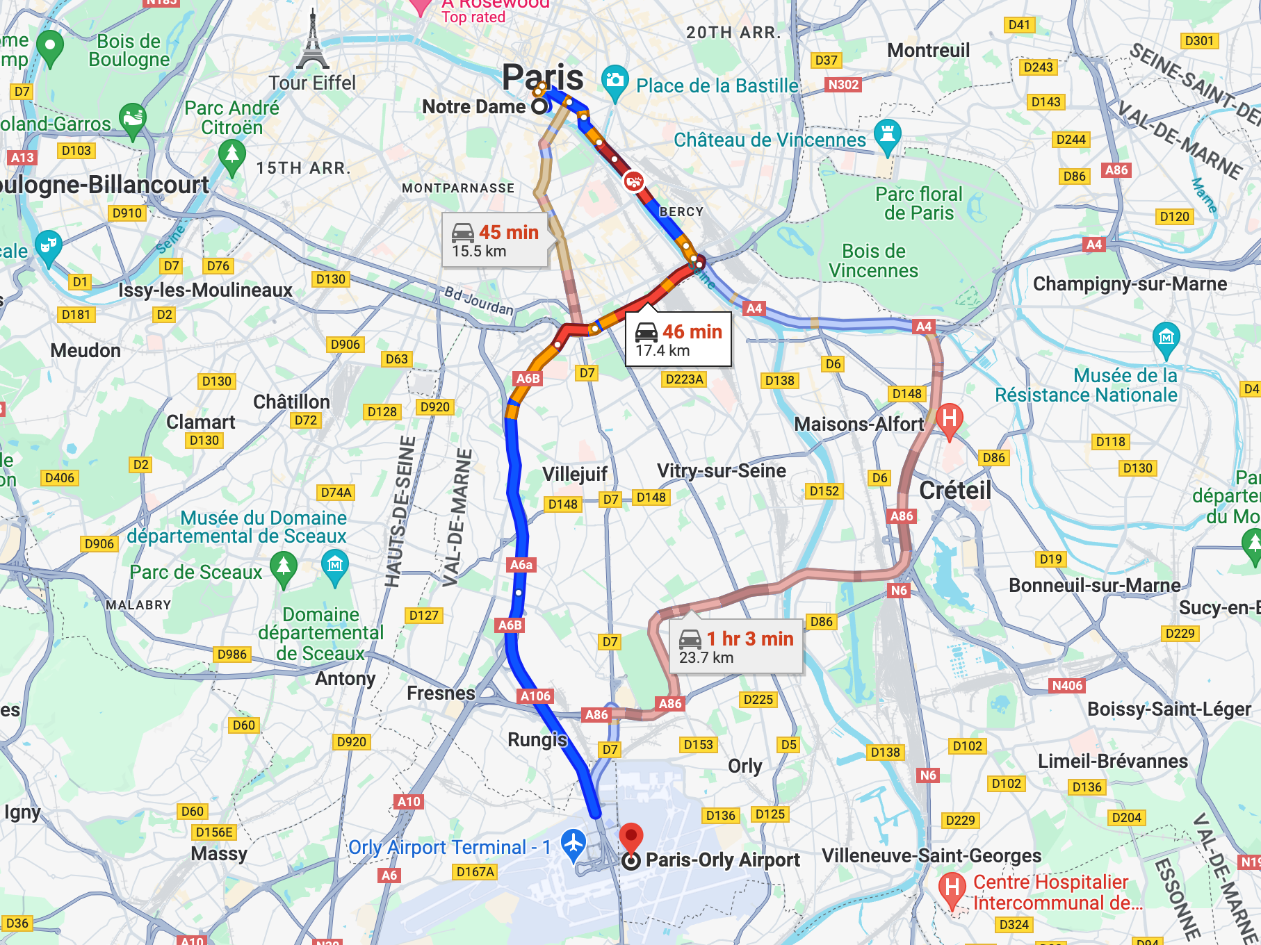 Screenshot of Google Maps route from Orly Airport to Paris city center