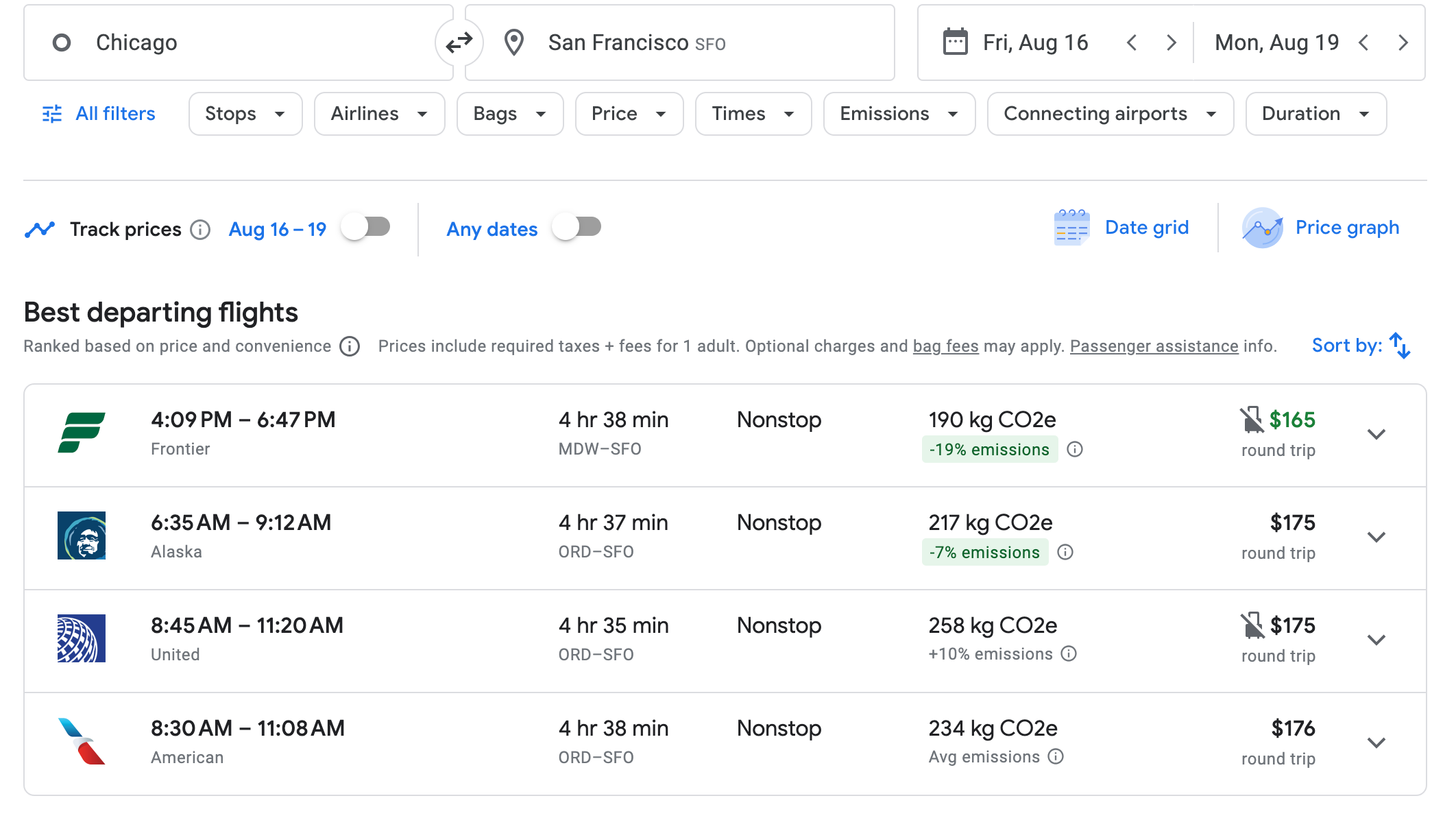 Google Flights listing showing flights from Chicago to San Francisco.