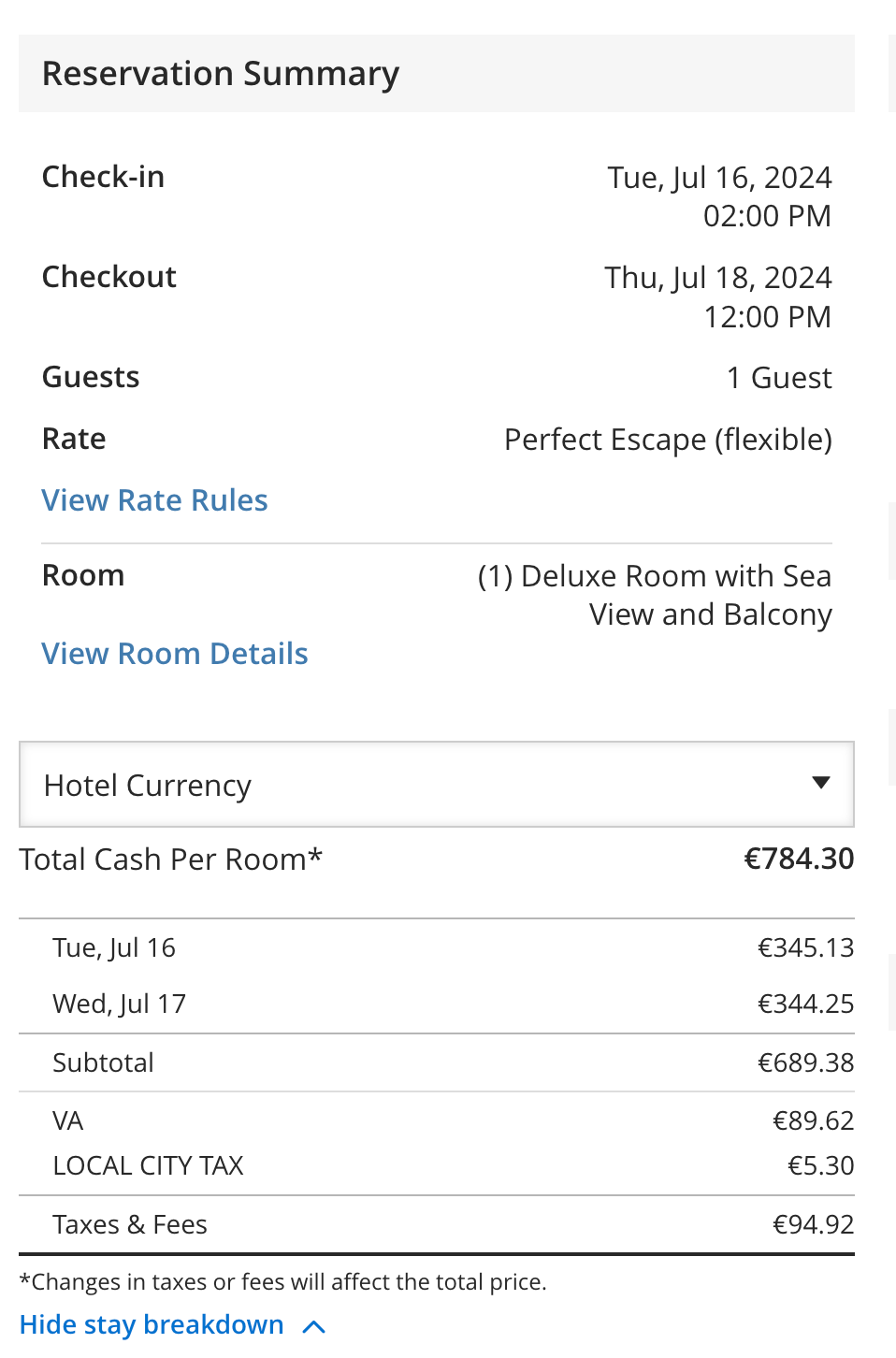 Breakdown in costs for upcoming stay at Hotel Kompas in Dubrovnik.
