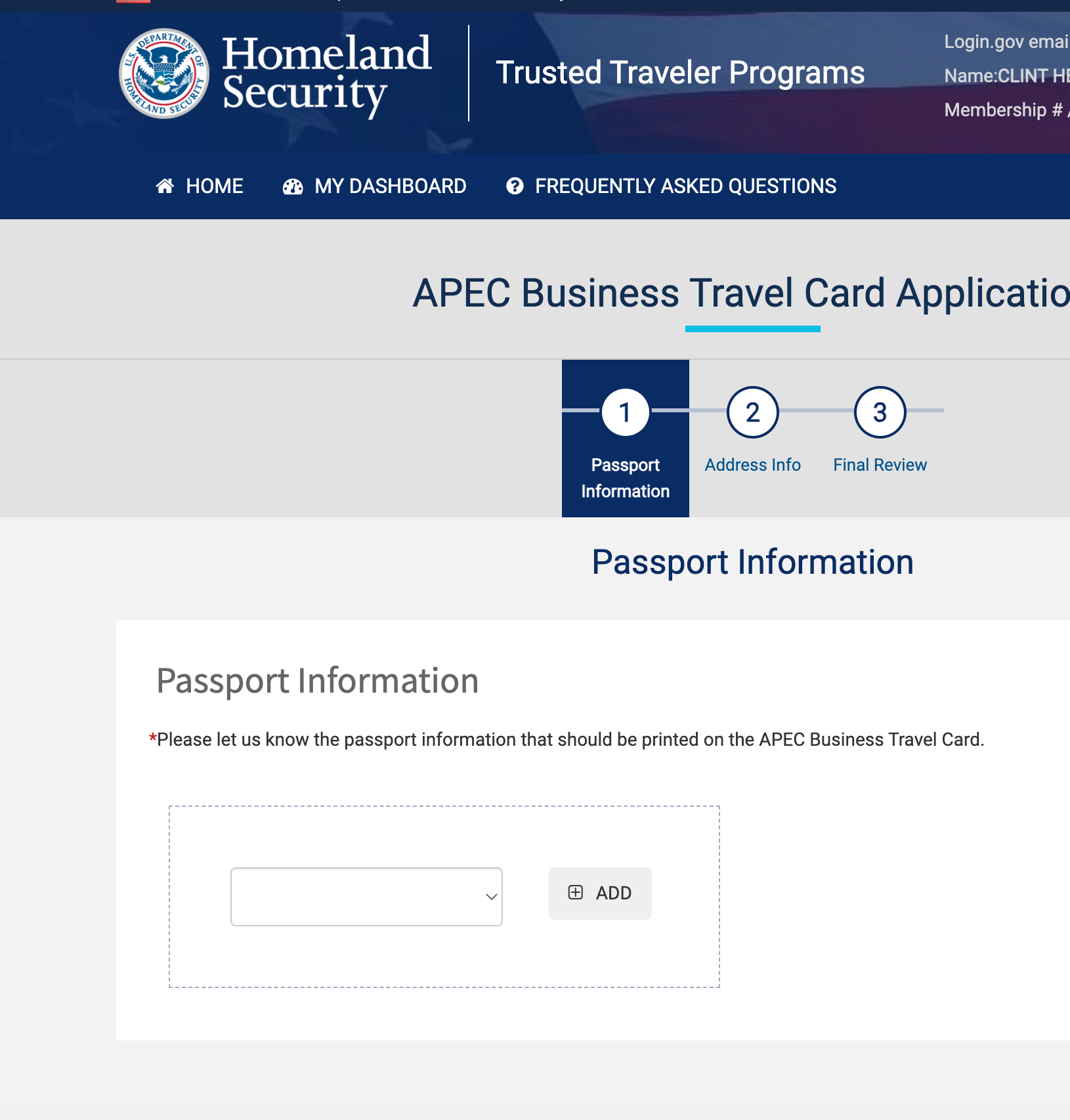 APEC Business Travel Card application page at Department of Homeland Security website DHS.GOV