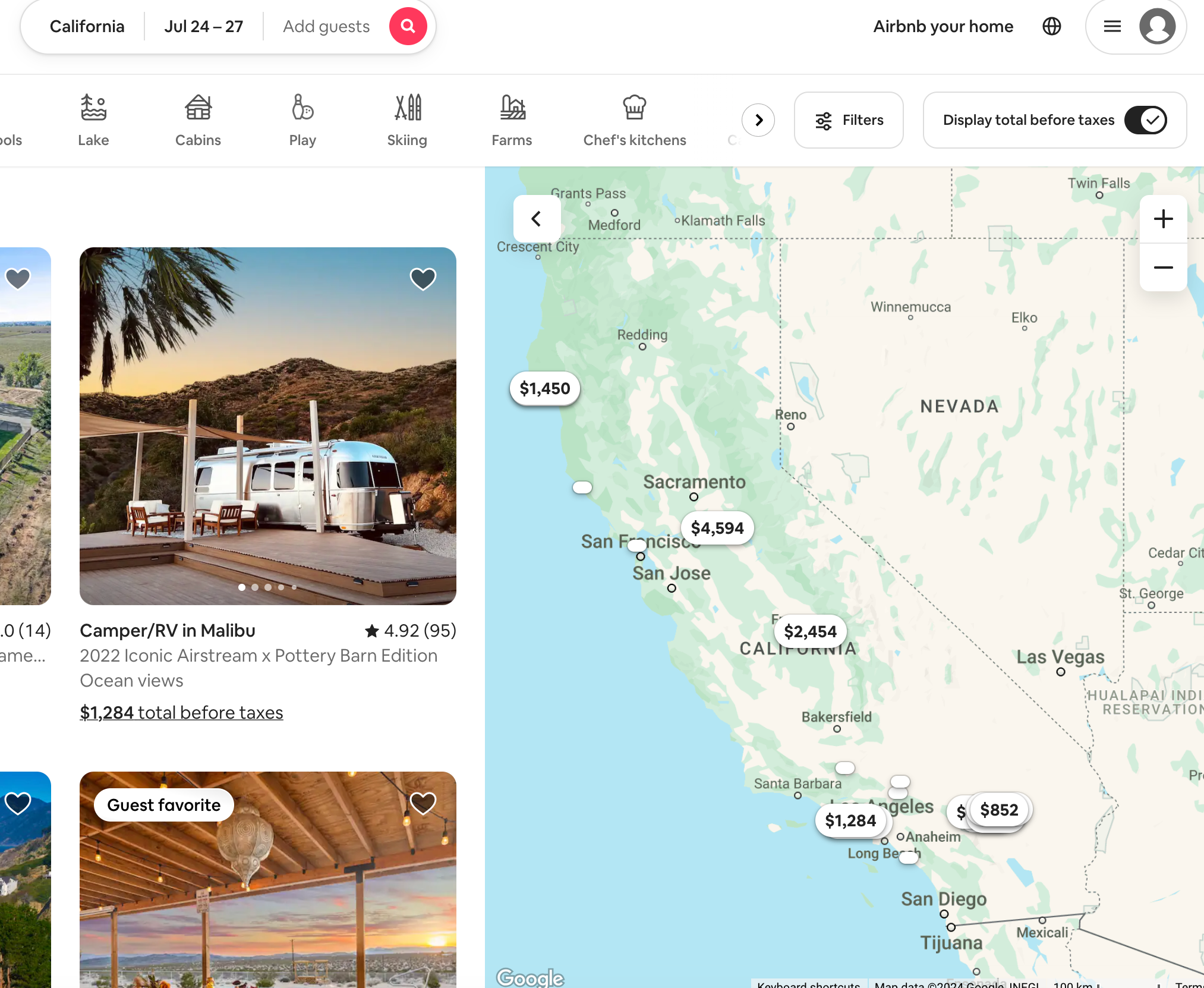 map of California Airbnbs
