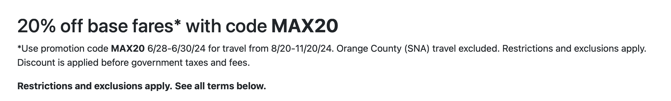 Southwest promo sale 20% off base fares with code MAX20
