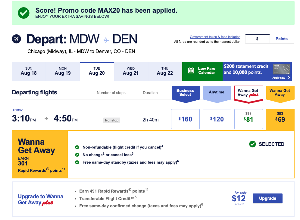 Screenshot of Southwest flight cost