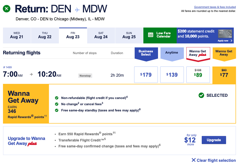 Screenshot of Southwest flight cost