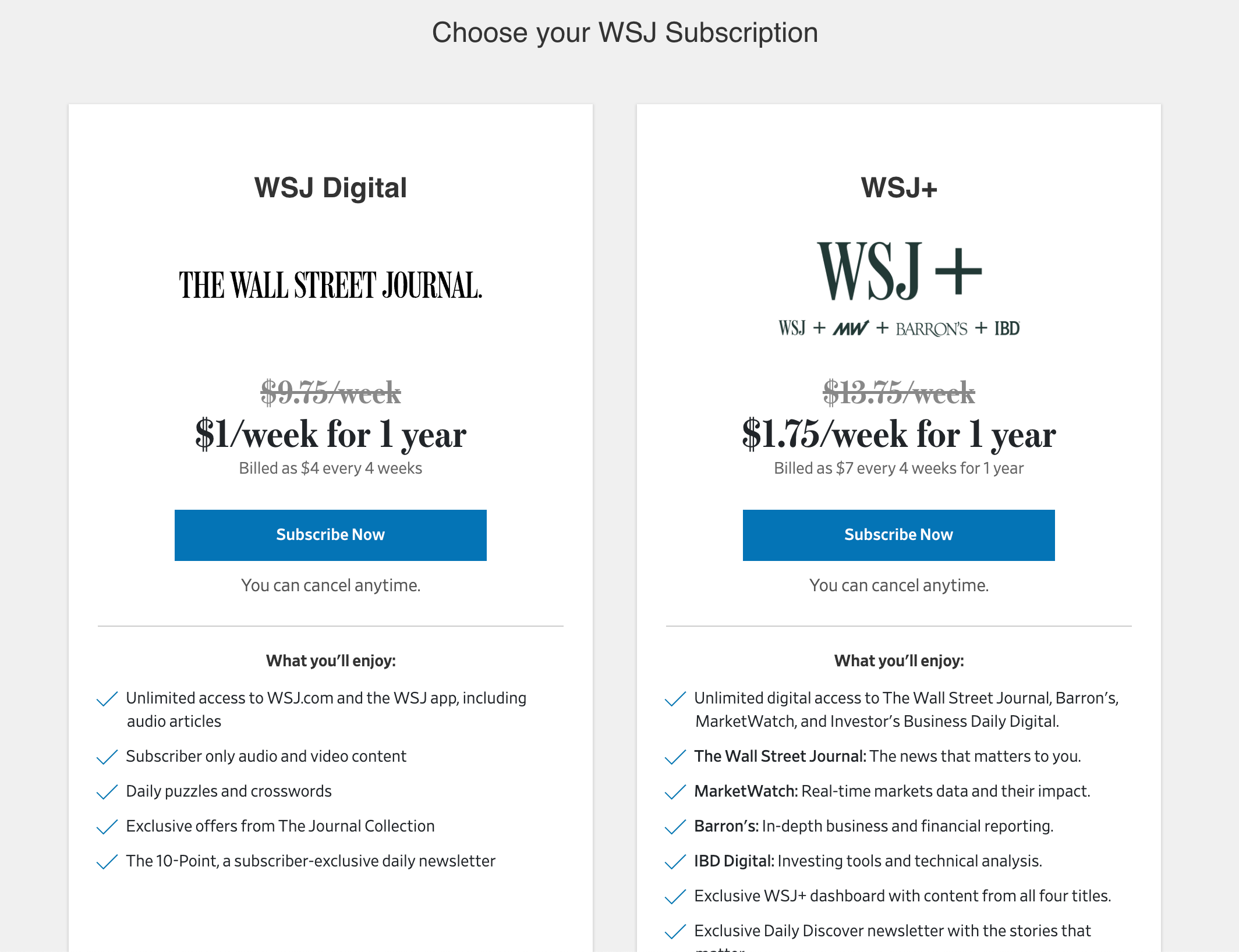 WSJ subscription prices