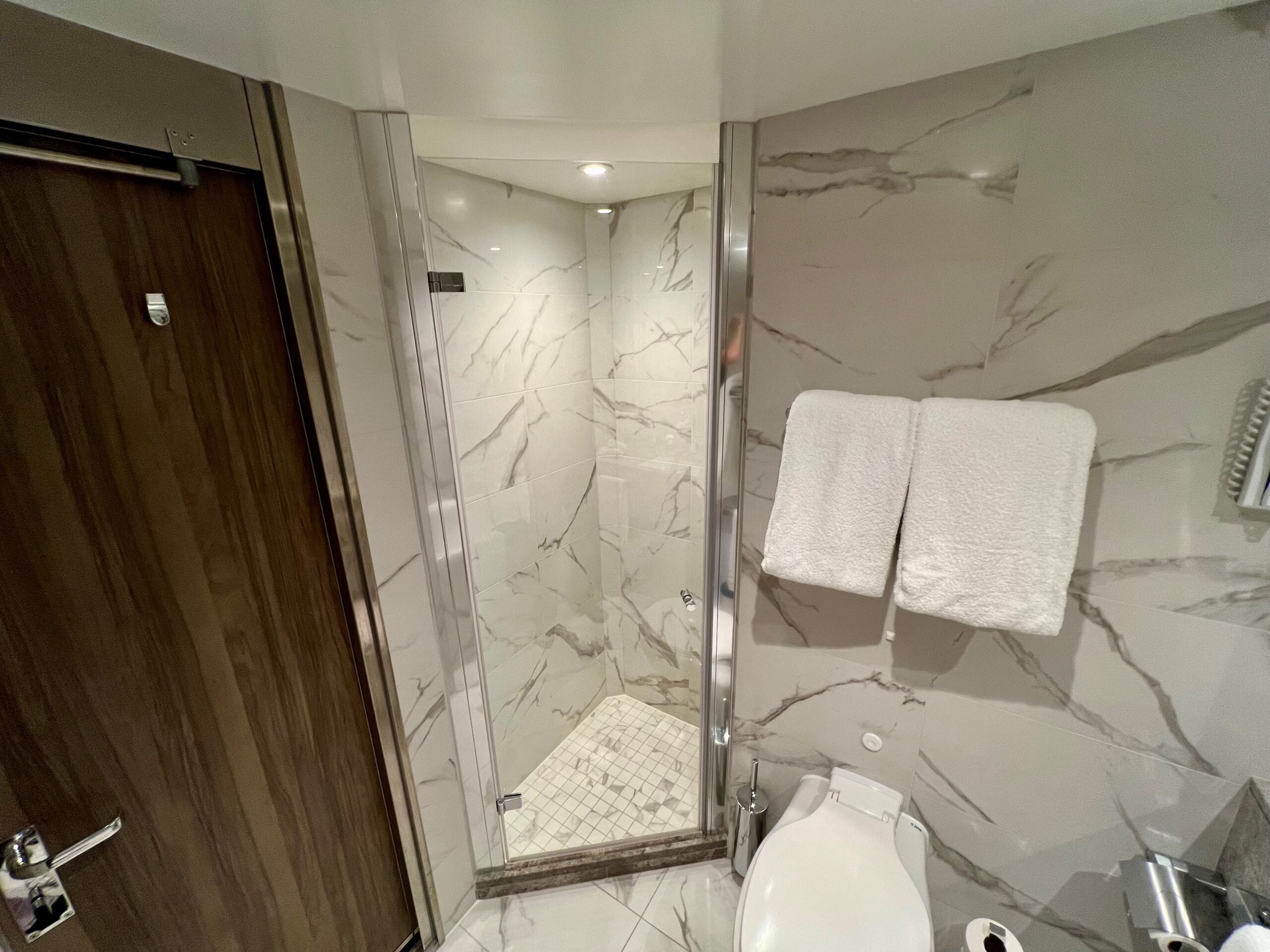 Veranda Suites on Seabourn Pursuit have tiny showers