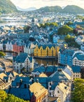Brosundet Canal and Art Nouveau houses, Alesund, Norway